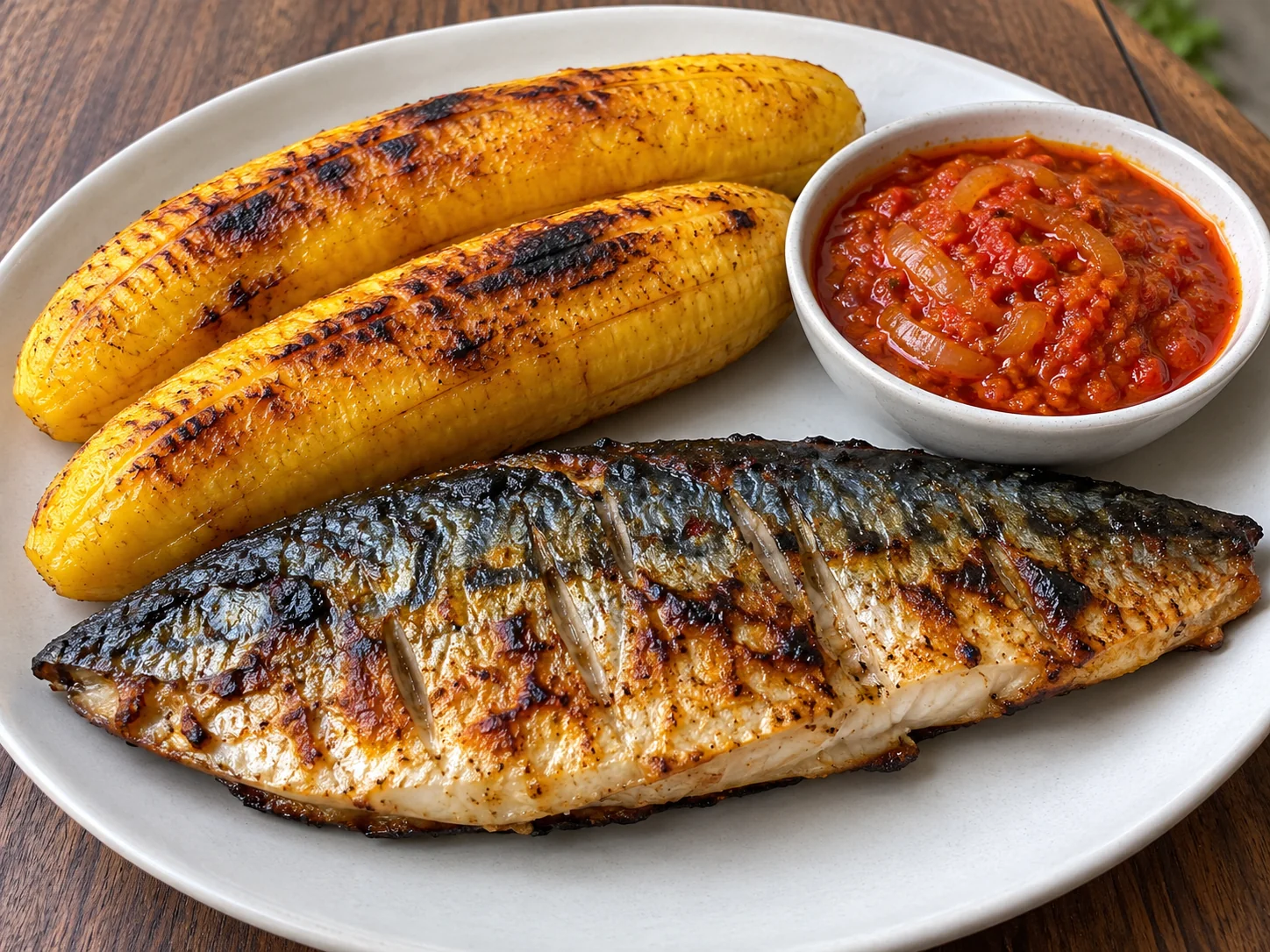 Bole and fish — plantain rôti, maquereau et sauce pimentée